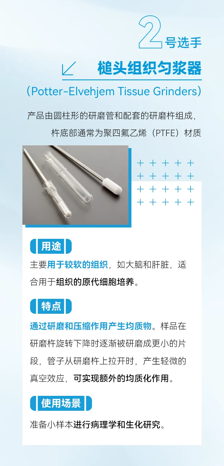 2. 槌头组织匀浆器(Potter-Elvehjem Tissue Grinders)产品由圆柱形的研磨管和配套的研磨杵组成,杵底部通常为聚四氟乙烯 (PTFE) 材质,主要用于较软的组织，如大脑和肝脏，适合用于组织的原代细胞培养。通过研磨和压缩作用产生均质物。样品在研磨杵旋转下降时逐渐被研磨成更小的片段，管子从研磨杵上拉开时，产生轻微的真空效应，可实现额外的均质化作用。准备小样本进行病理学和生化研究。